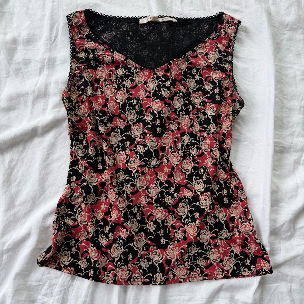 Studio M Vintage Y2K Whimsigoth Rose Print Lace Trim Blouse - M